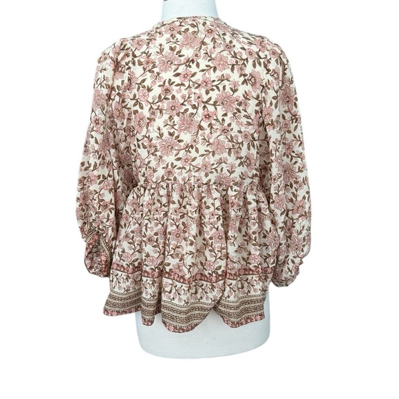 By the River Tan and Brown Relaxed Blouse with Tie Front and Mandarin Collar M - Picture 3 of 8